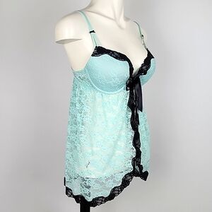 La SENZA Women's Aqua Black Lace Babydoll Lingerie Underwire Padded Cup Sz Large